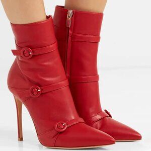 FSJ Red Pointed Toe Buckle Strap Ankle Stiletto Boots, Size 10.5, Brand New
